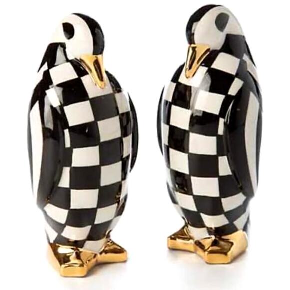 MACKENZIE CHILDS Checkmate Penguin Salt & Pepper Set Black & White New - Picture 3 of 3